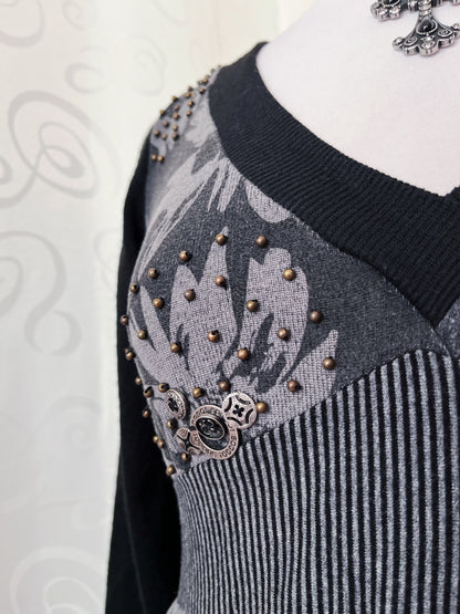 00’s whimsy/steampunk grey patchwork dress with print, beaded & charm details ⚙️🕷️