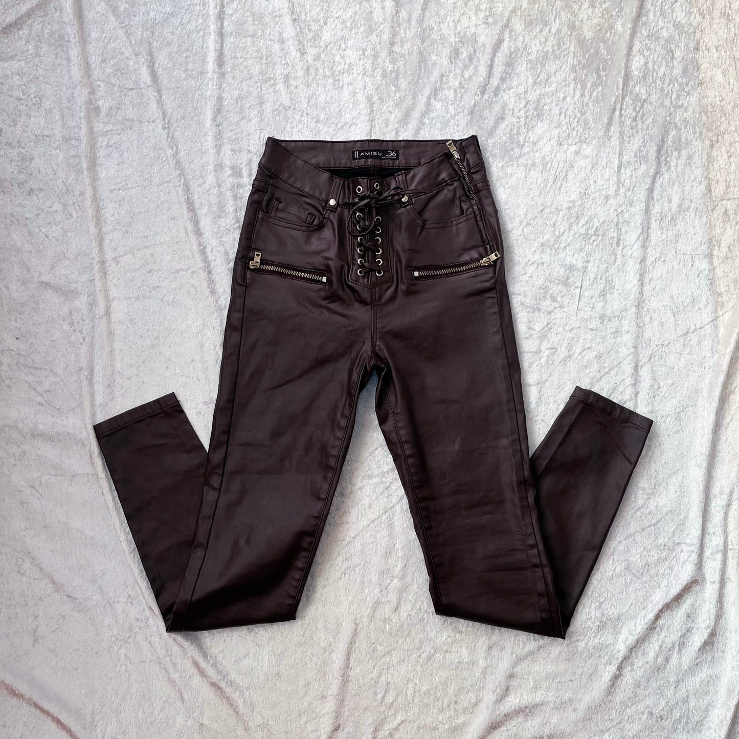 Alternative dark brown faux leather pants with lace-up details 🦇