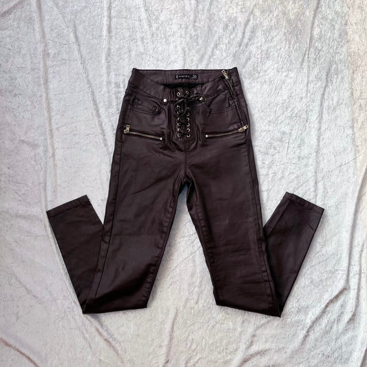 Alternative dark brown faux leather pants with lace-up details 🦇