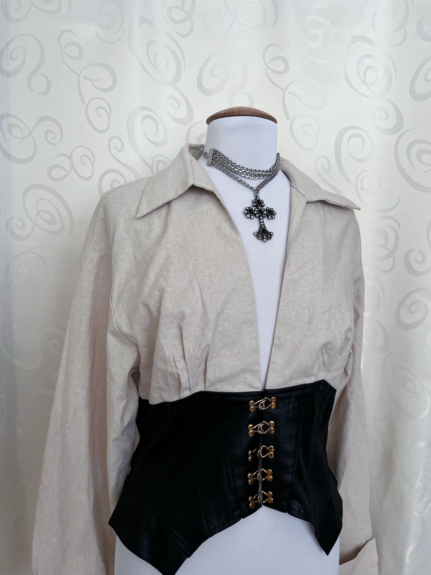 Modern gothic linen shirt with faux leather corset detail 🖤