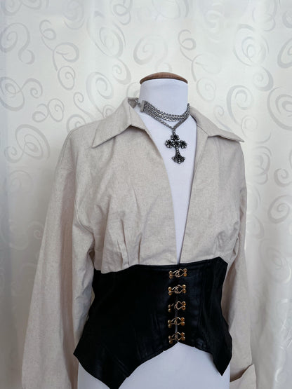 Modern gothic linen shirt with faux leather corset detail 🖤