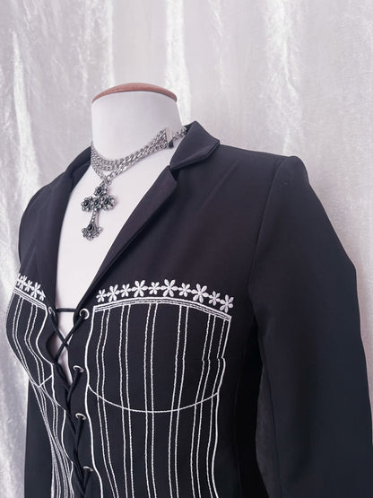 Gothic blazer dress with corset print embroidery & lace up 🎀🦇