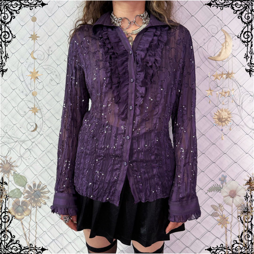 00’s whimsygoth see-through sequin purple shirt 💜🌀