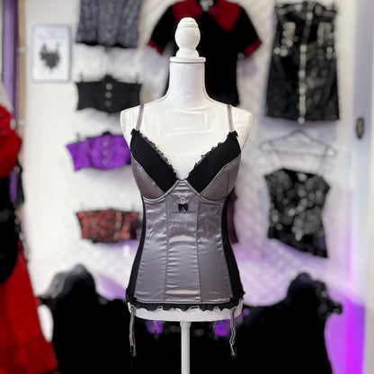 Gothic silver corset top with mesh details & garters 🩶