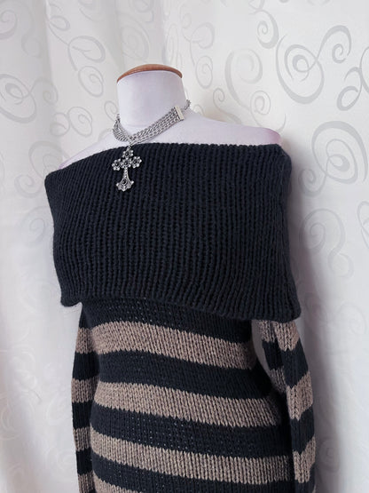 Iconic emo striped knit off-shoulder tunic 🕷🗝