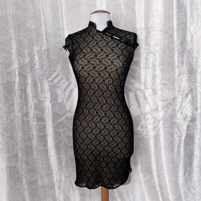 00's Qipao Asian style golden brown lace dress 🐉