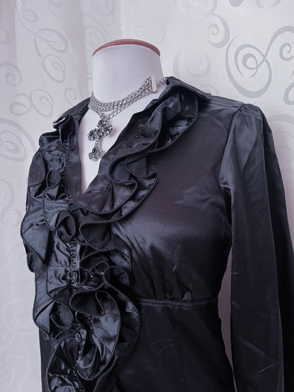 00’s deadstock gothic ruffle black shirt 🦇