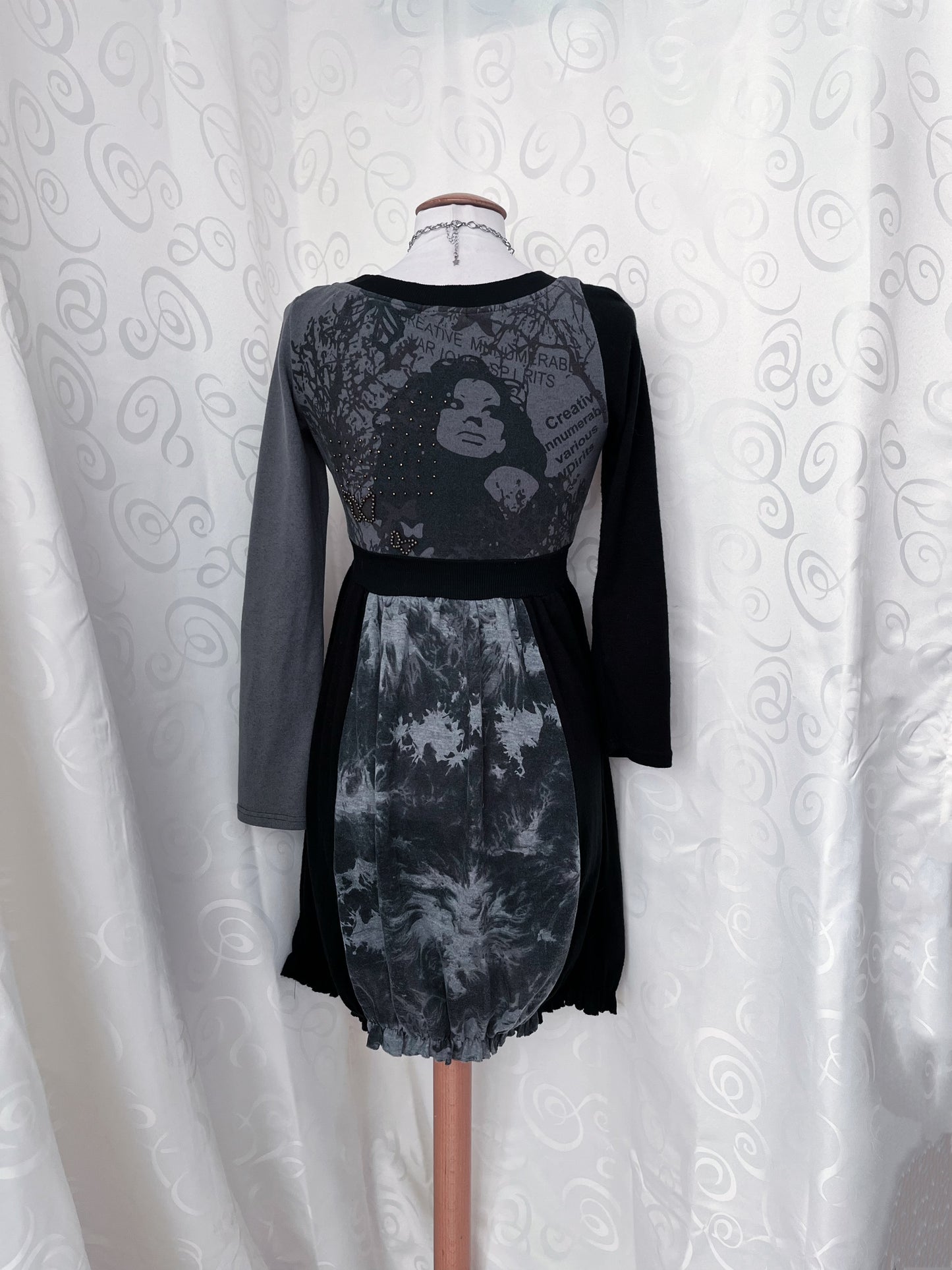 00’s whimsy/steampunk grey patchwork dress with print, beaded & charm details ⚙️🕷️