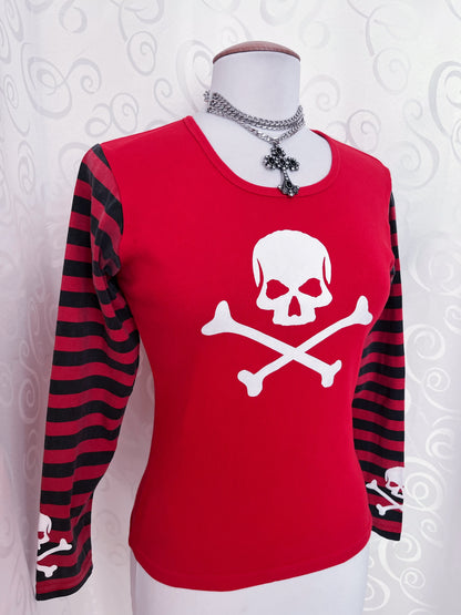 00’s emo red top with striped sleeves & skull prints on front & sleeves 💀☠️