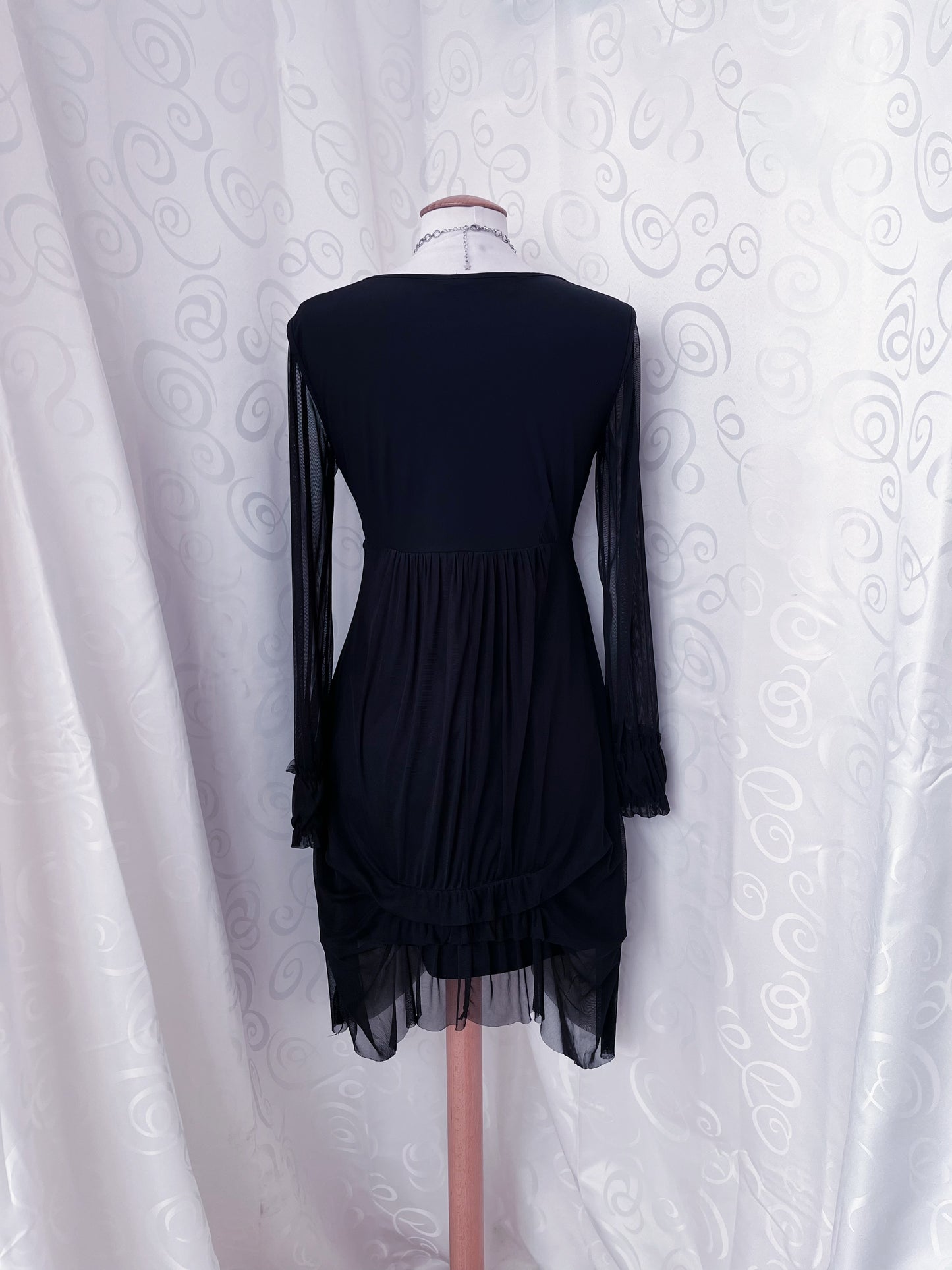 Whimsy mesh ruffle black dress with print detail 🚲