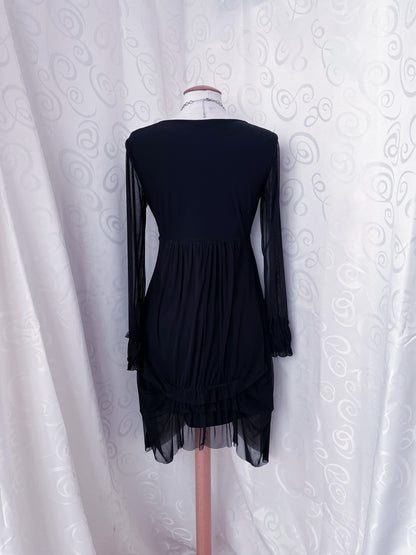 Whimsy mesh ruffle black dress with print detail 🚲