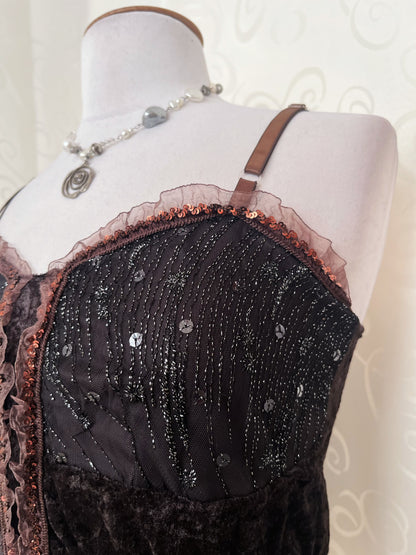 00’s deadstock whimsy fairy brown top with velvet, sequin & tulle detail 🌀🐌