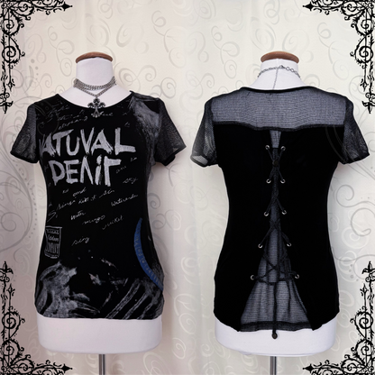 Alt Y2K style black graphic top with fishnet & lace up back 🦇🫀