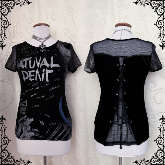 Alt Y2K style black graphic top with fishnet & lace up back 🦇🫀