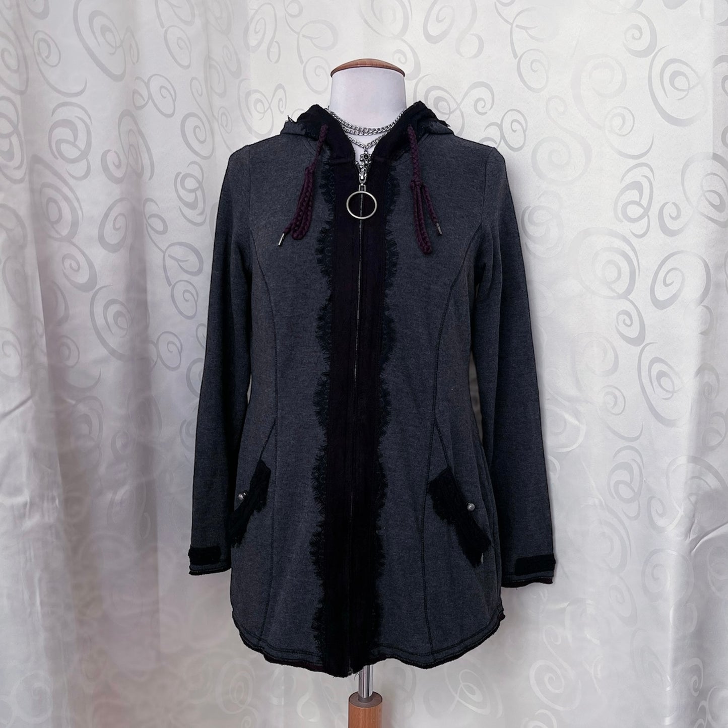Whimsygoth light grey hooded jacket with beautiful lace details 💜🌀