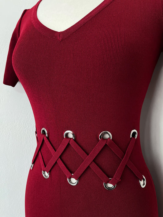 Morgan De Toi hot red fitting dress with lace up detail
