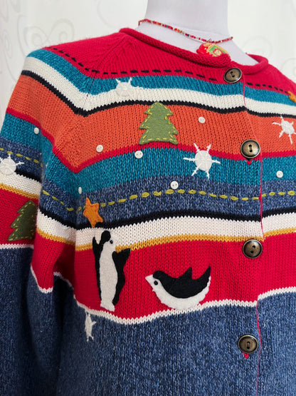 Vintage Susan Bristol knit cardigan with embroidered details & penguin patchwork 🐧❄️