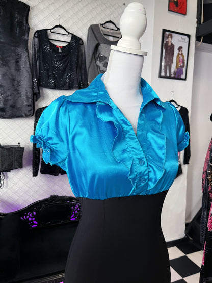 00’s Dark coquette/Jkei satin blue & black ruffle top 🌀🫐