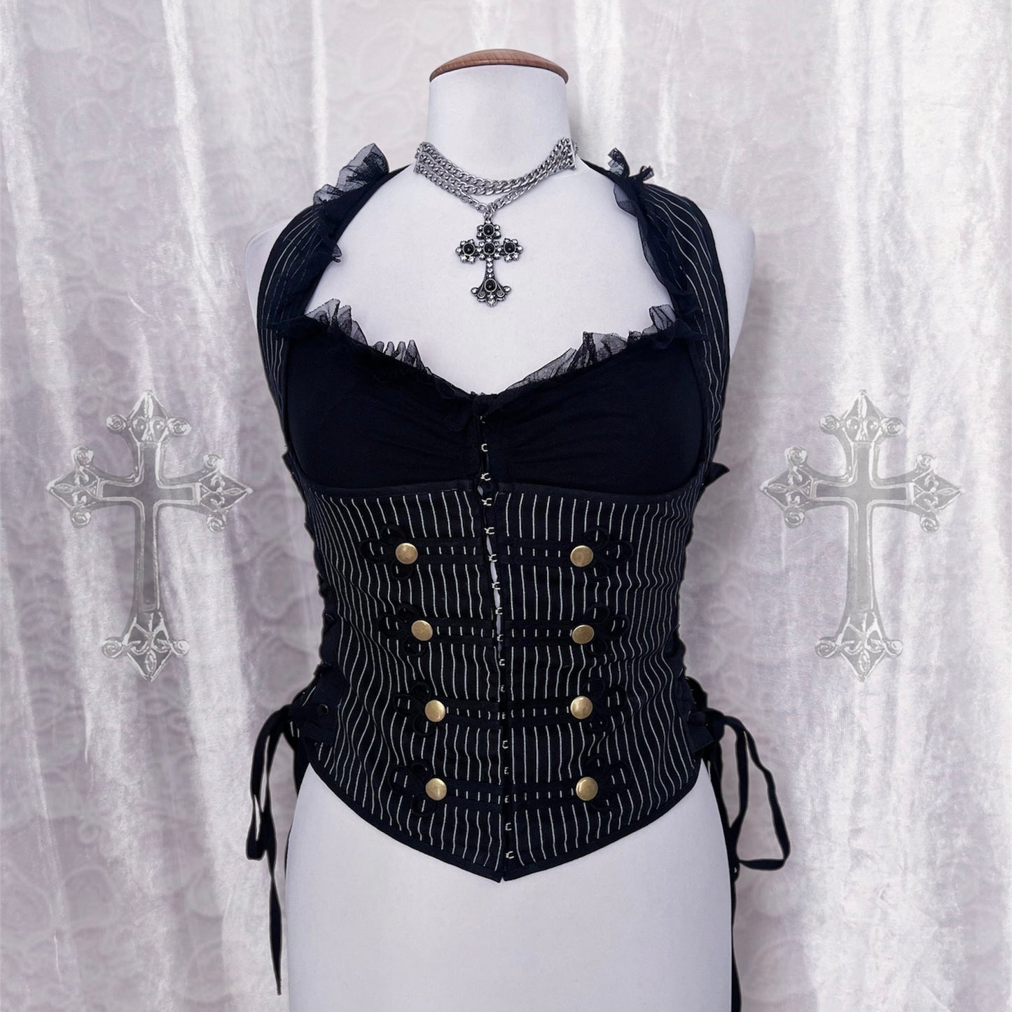 Spin Doctor gothic vest striped cotton corset with lace-up details 🦇