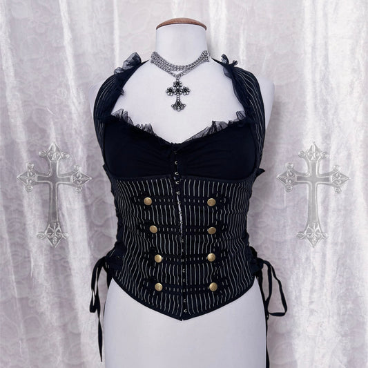 Spin Doctor gothic vest striped cotton corset with lace-up details 🦇