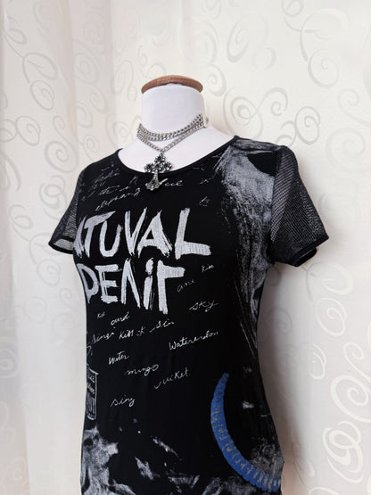 Alt Y2K style black graphic top with fishnet & lace up back 🦇🫀