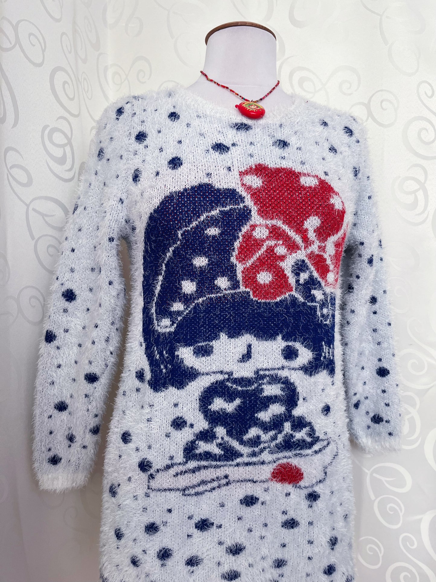 Cutest Twee faux fur polka sweater with little mushroom girl 🍄🍄‍🟫