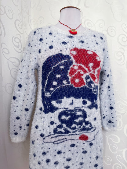 Cutest Twee faux fur polka sweater with little mushroom girl 🍄🍄‍🟫