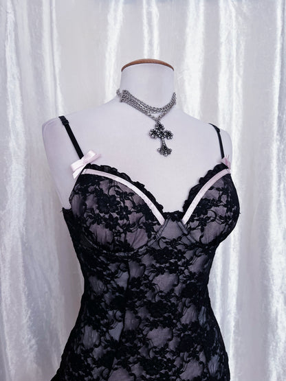 Dark fairy lace babydoll with garter detail 🧚🏽‍♀️