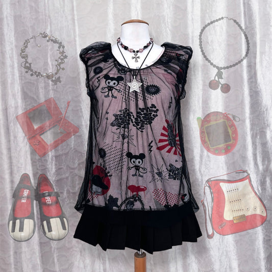 Twee 00’s top with cartoon & pop-culture print fabric with mesh layer on top 🐁🎪