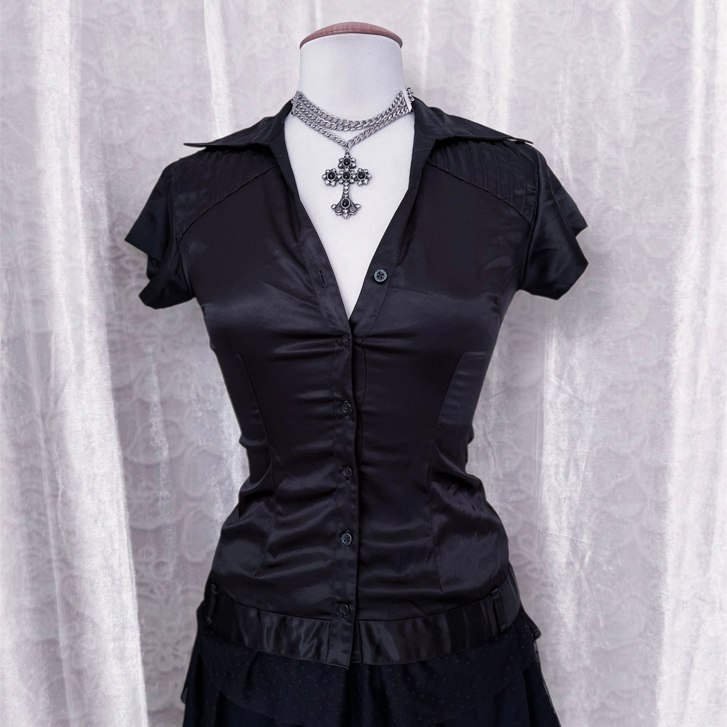 Dark coquette silky black top 🦇🎀