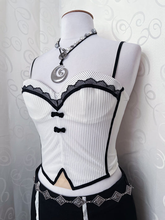 Rosy crop white polka corset top 🌀