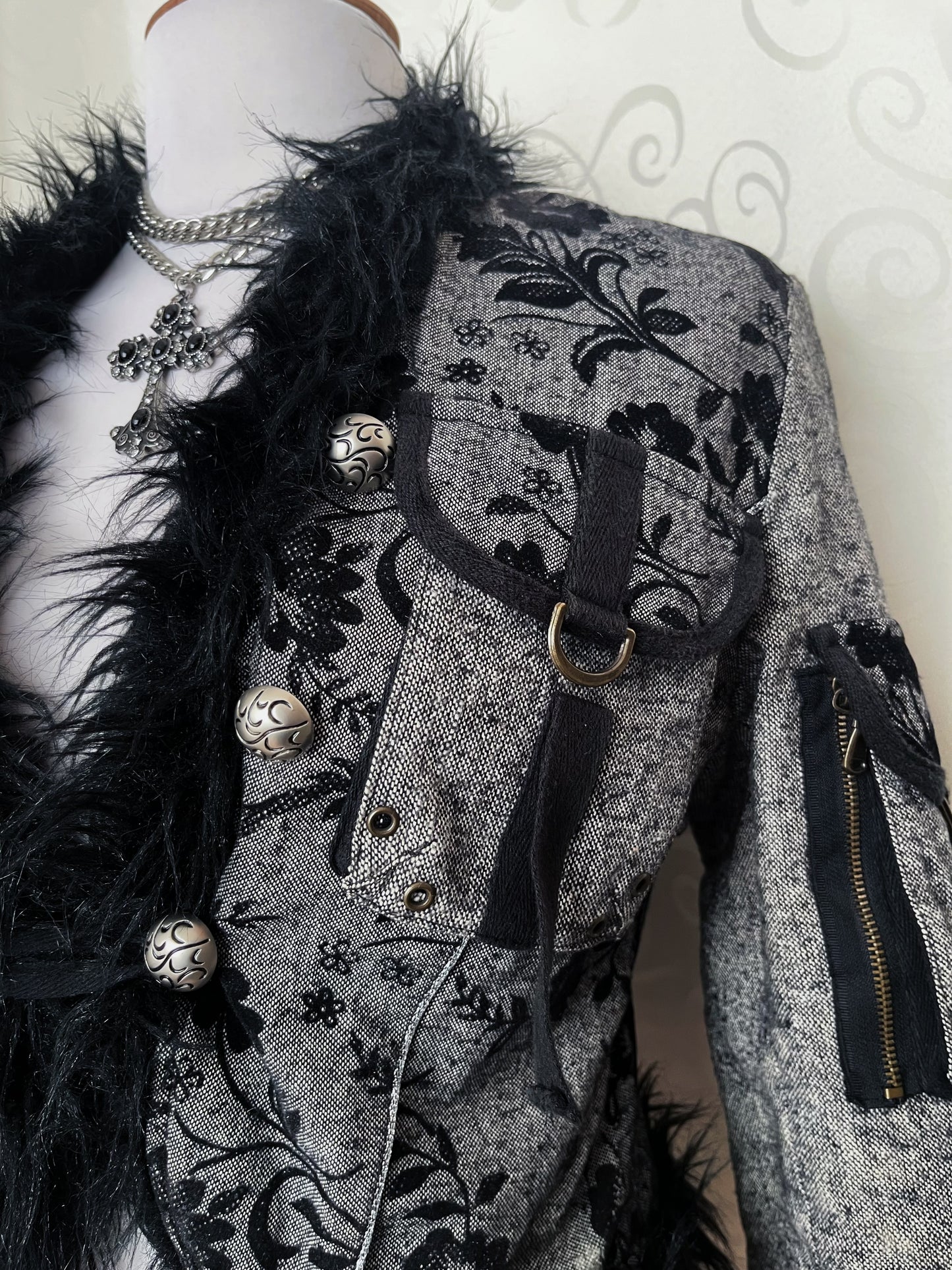 Vintage whimsygoth grey light afghan jacket with velvet, zipper & pocket details 🌀🧚🏾
