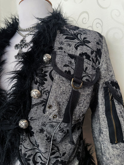 Vintage whimsygoth grey light afghan jacket with velvet, zipper & pocket details 🌀🧚🏾