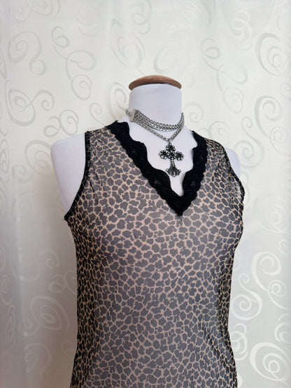 00’s mesh leopard print tank top with lace detail 🐆🦇