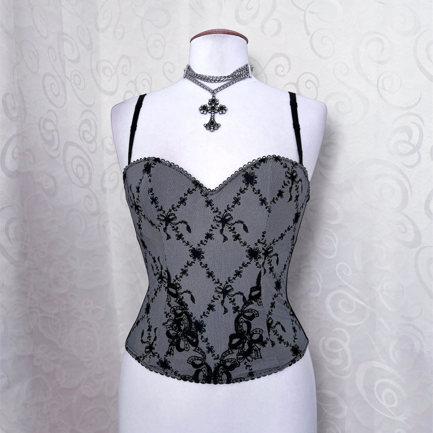 00’s dark coquette grey corset with bow print & embroidery details 🎀