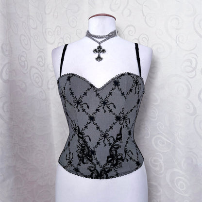 00’s dark coquette grey corset with bow print & embroidery details 🎀