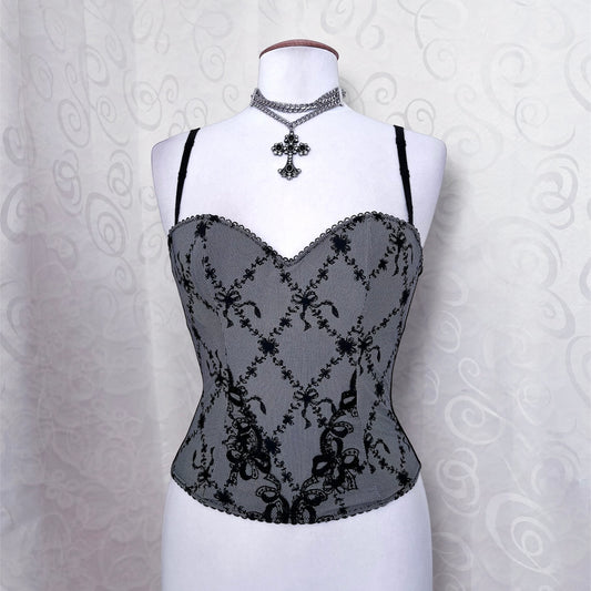 00’s dark coquette grey corset with bow print & embroidery details 🎀