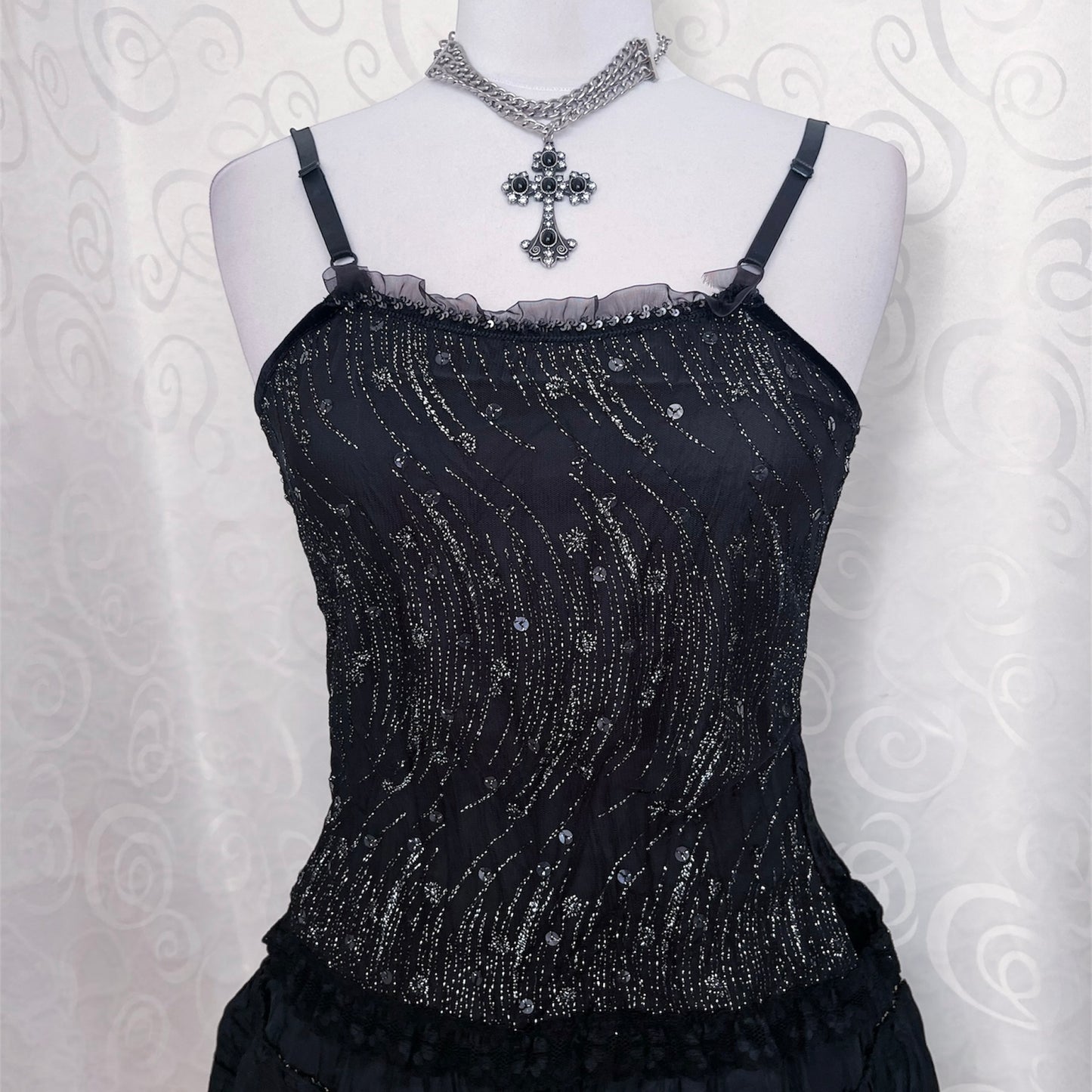 00’s deadstock dark whimsy sequin & velvet top 🌀🦇