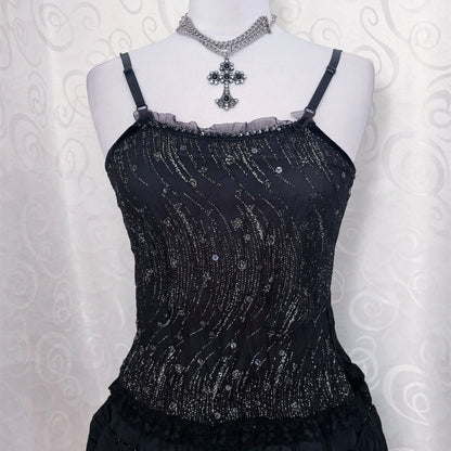 00’s deadstock dark whimsy sequin & velvet top 🌀🦇