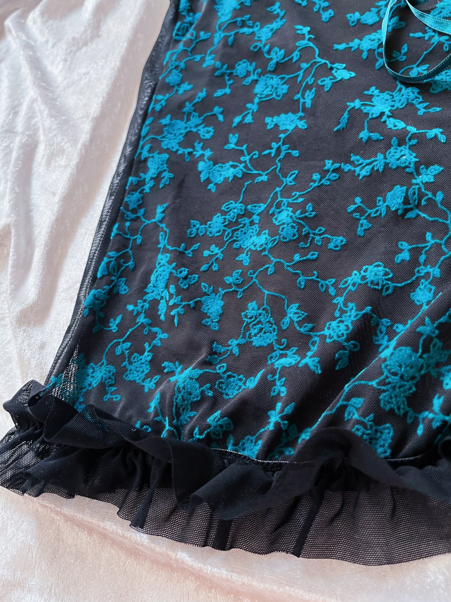 Dark whimsy see-through mesh lace-up top with teal velvet embroidered details 🦇