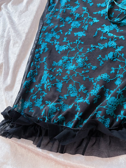 Dark whimsy see-through mesh lace-up top with teal velvet embroidered details 🦇