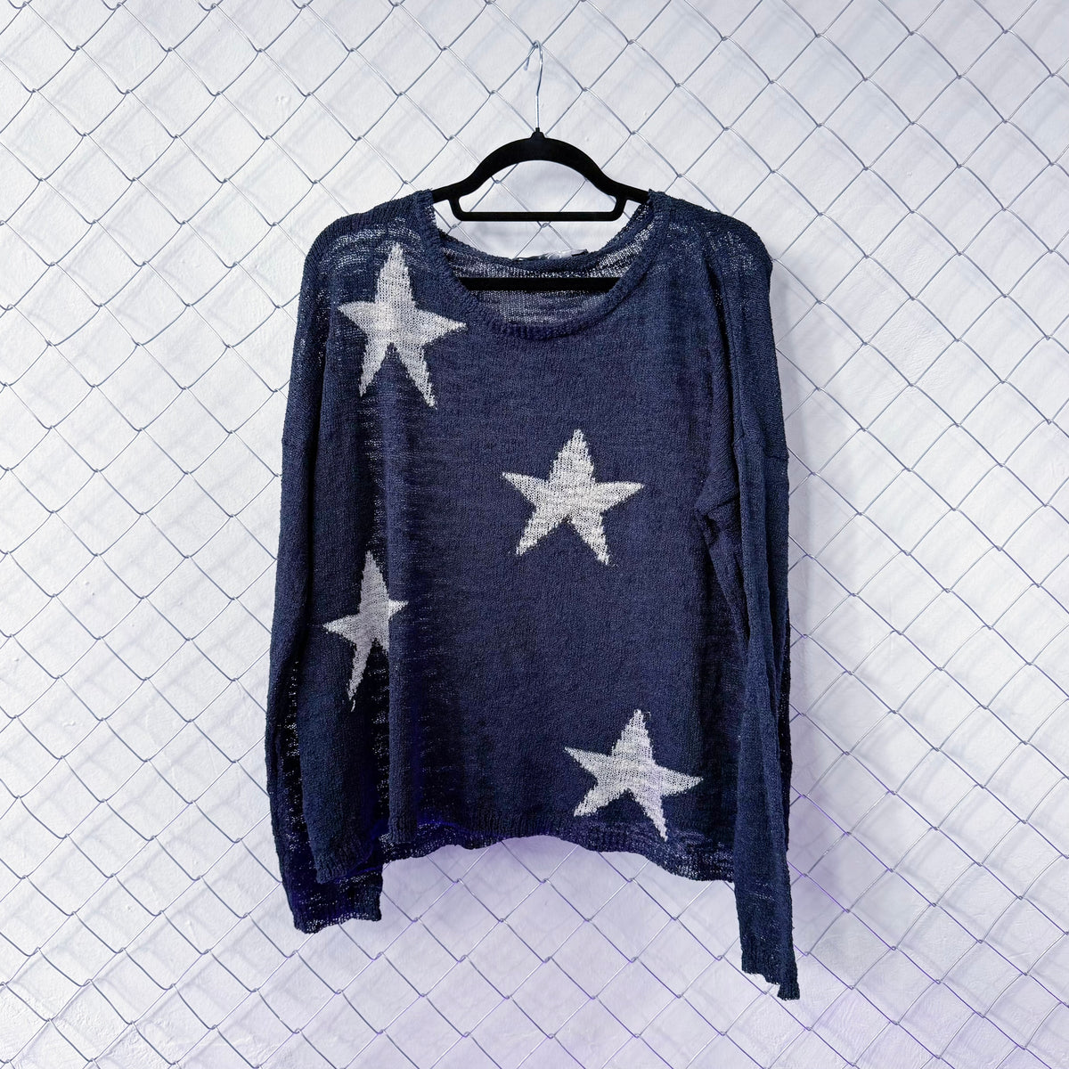 Coraline-style blue light sweater with stars 🗝 ⚉ 🪡 🐈‍⬛