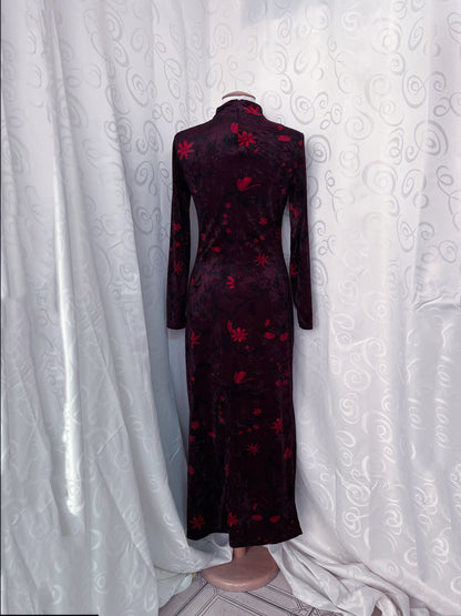 00’s Asian Style/Qipao velvet floral dress❤️🌺