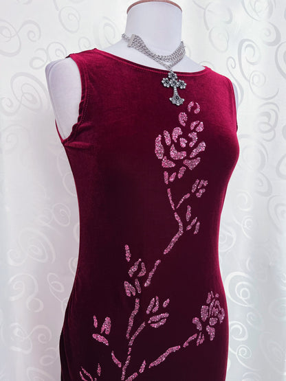 00’s whimsygoth burgundy velvet dress with embossed strass detail ❤️🌺