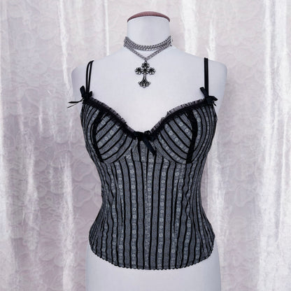 Dark coquette grey striped corset with embossed spiral & lace details 🕸️🎀