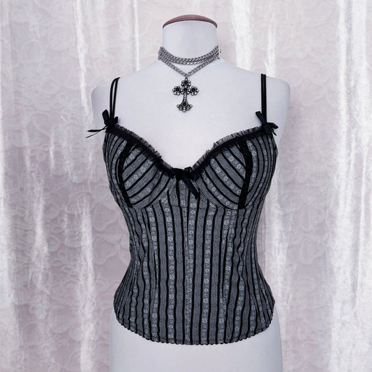 Dark coquette grey striped corset with embossed spiral & lace details 🕸️🎀