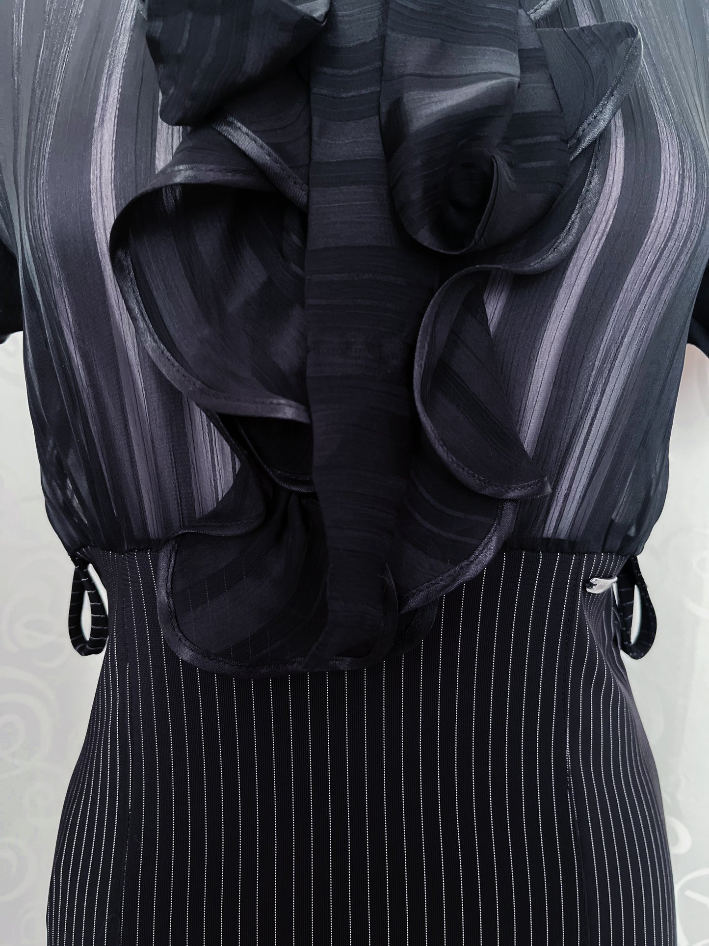 00’s new deadstock Office Goth striped & mesh dress with ruffle detail 🕷️