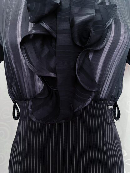 00’s new deadstock Office Goth striped & mesh dress with ruffle detail 🕷️