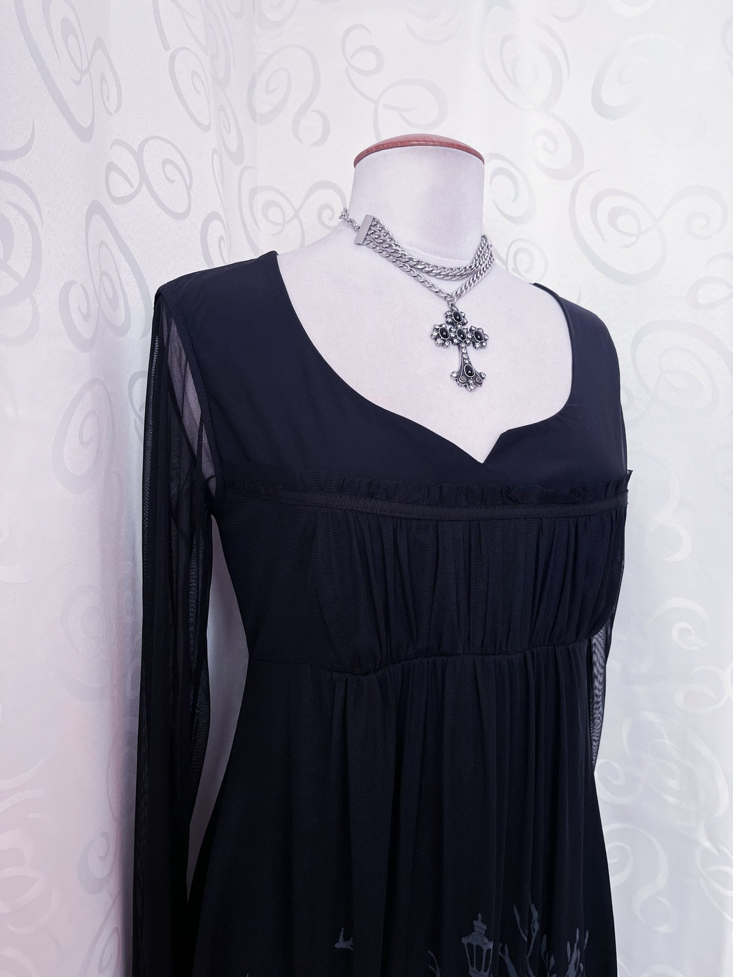 Whimsy mesh ruffle black dress with print detail 🚲