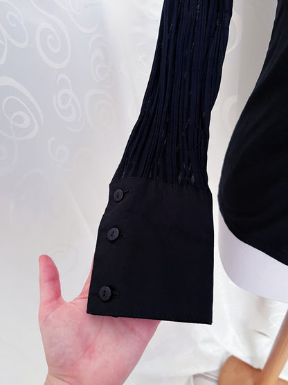 00’s Office Goth black shirt with sheer bustier striped detail 🕷️